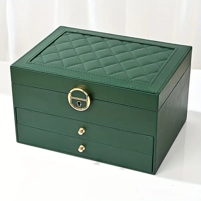 Women's Multi Layer Drawer Ring Slot Quilted Lid Leather Jewelry Box