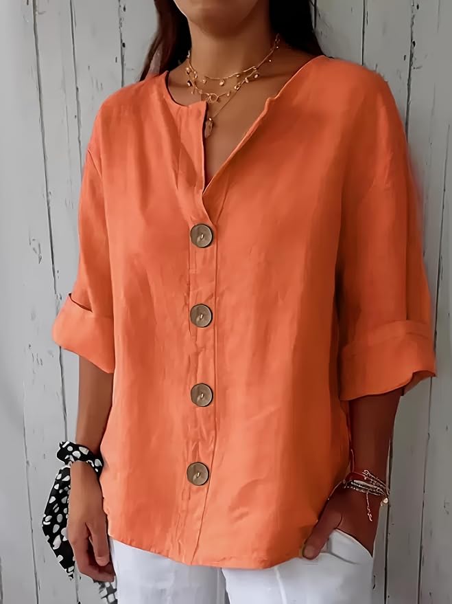 Women's Notched Neck Button Front Dropped Shoulder Rolled Sleeve Blouse front view
