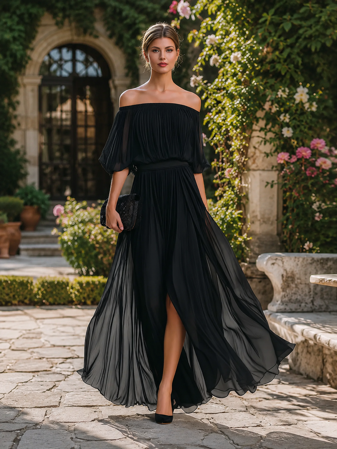Women's Off Shoulder Pleated Front Slit Maxi Wedding Guest Dress