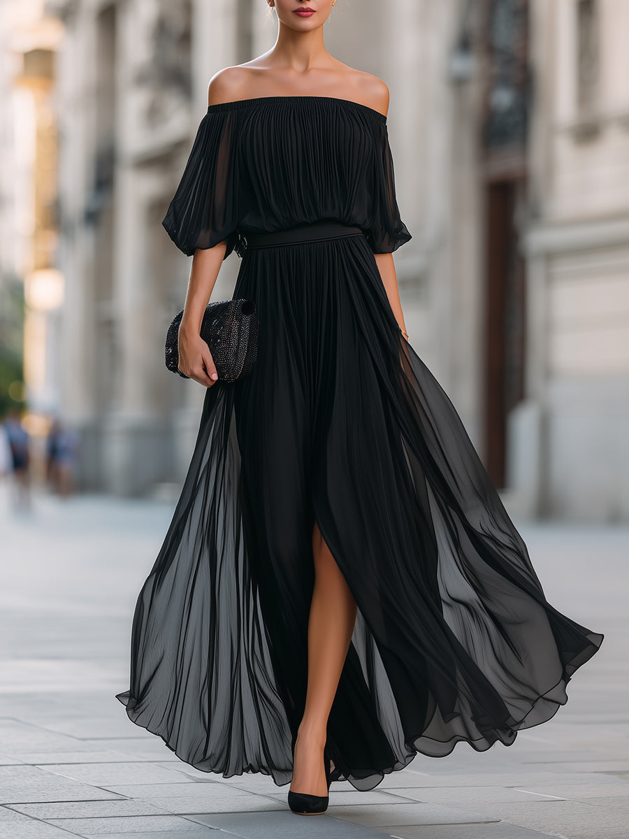 Women's Off Shoulder Pleated Front Slit Maxi Wedding Guest Dress