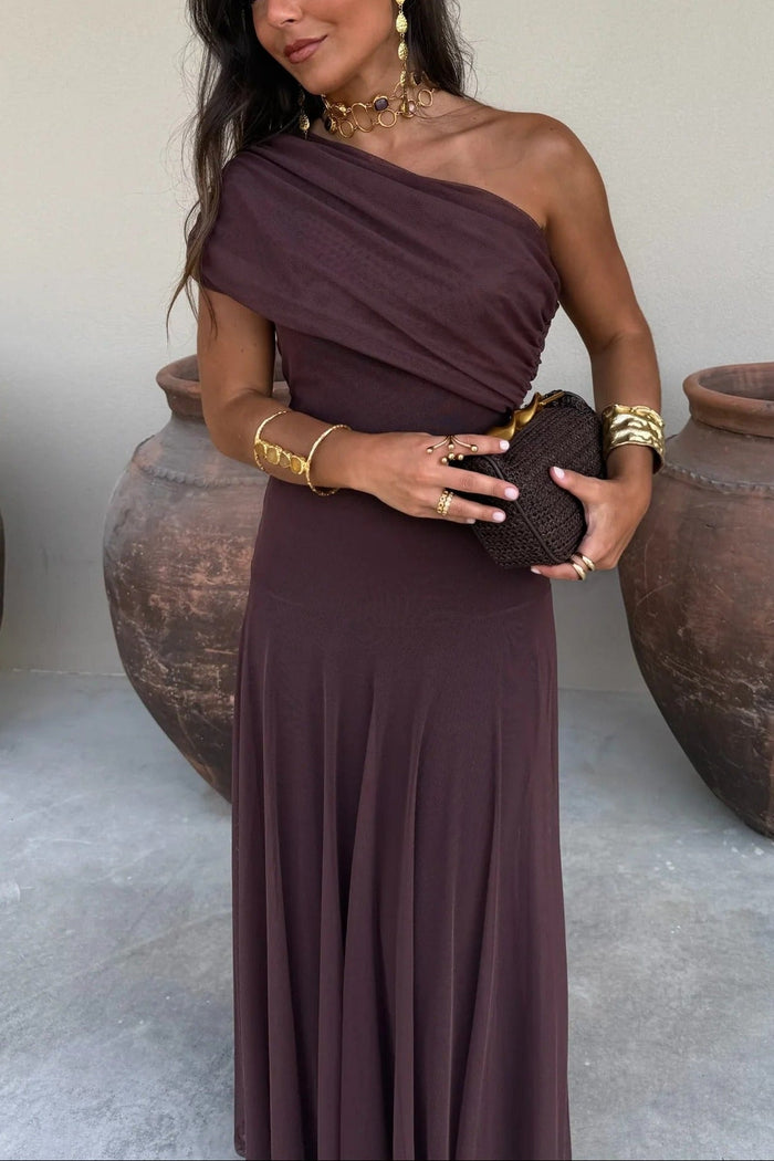 Women's One-Shoulder Draped Bodice Sheer Overlay Maxi Wedding Guest Dress