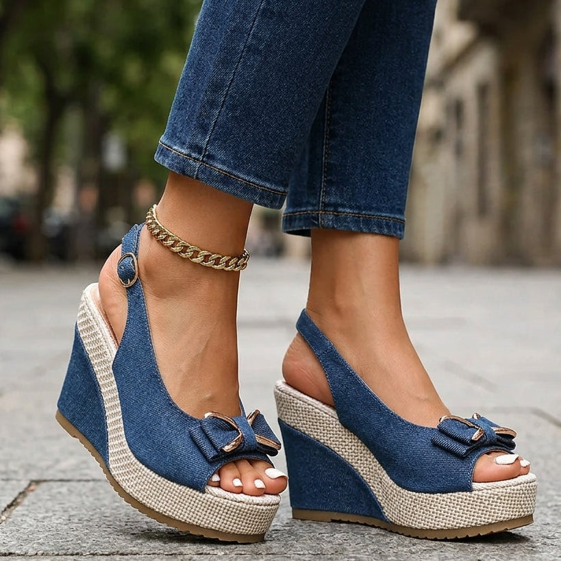 Women's Open Toe Bow Wedge Espadrilles Slingback Ankle Strap Sandals