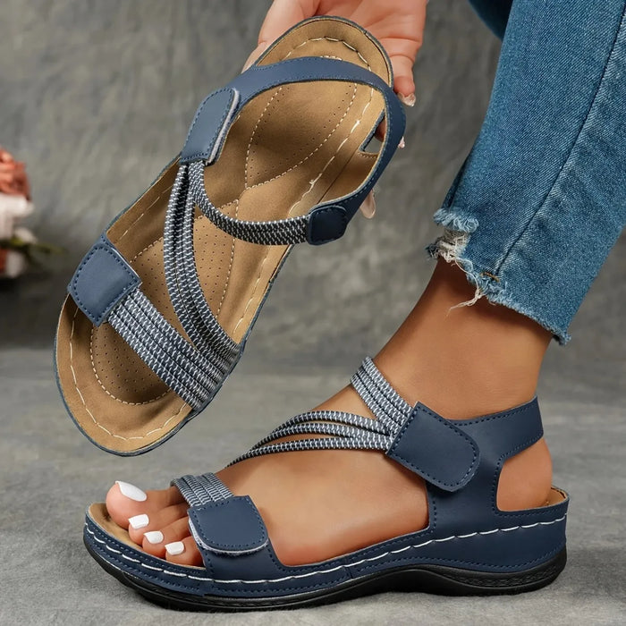 Women's Open Toe Braided Strap Low Wedge Hook and Loop Sandals
