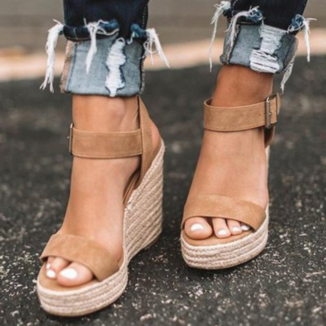 Open toe espadrille wedge sandal with wide foot strap and side buckle