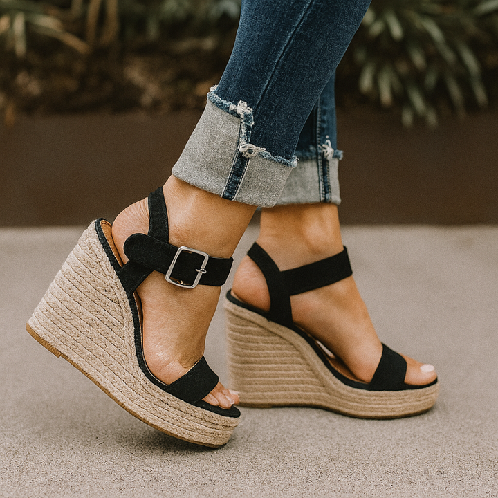 Rear view of slingback wedge sandal with open heel