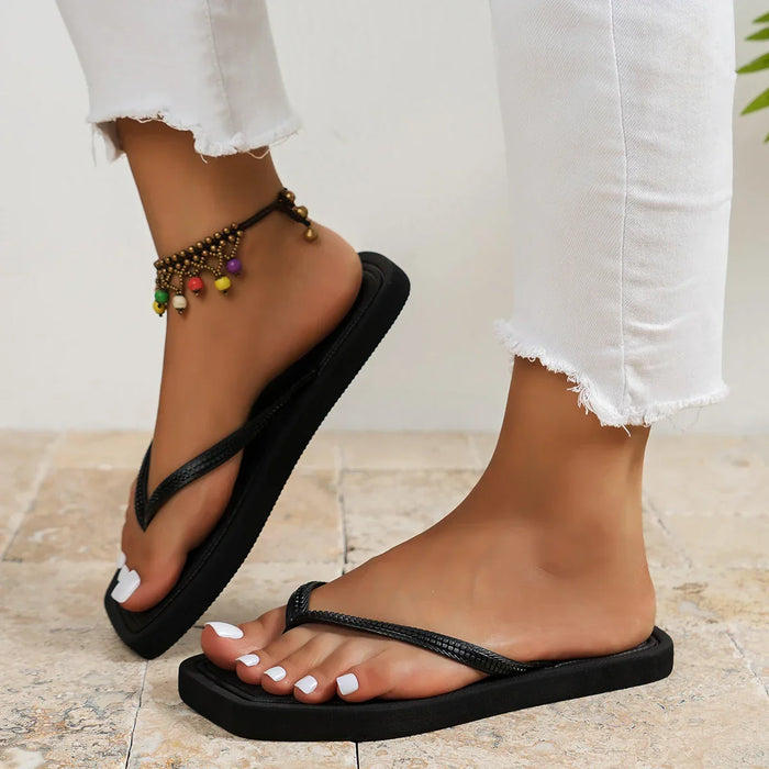 Women's Open Toe Post Slim V-Strap Square Footbed Flat Flip Flops