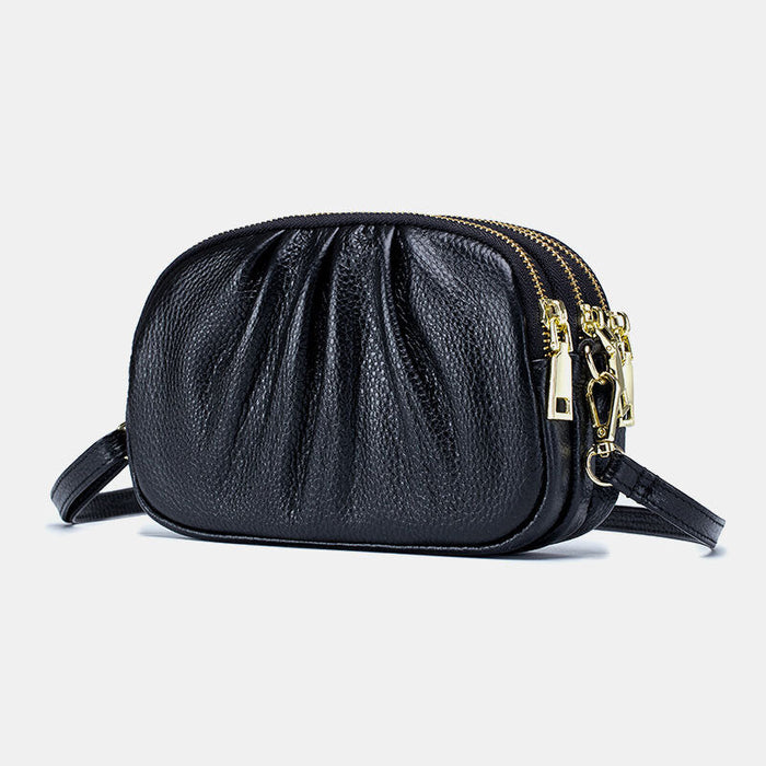 Women's Pleated Front Three Zip Compartment Compact Crossbody Bag