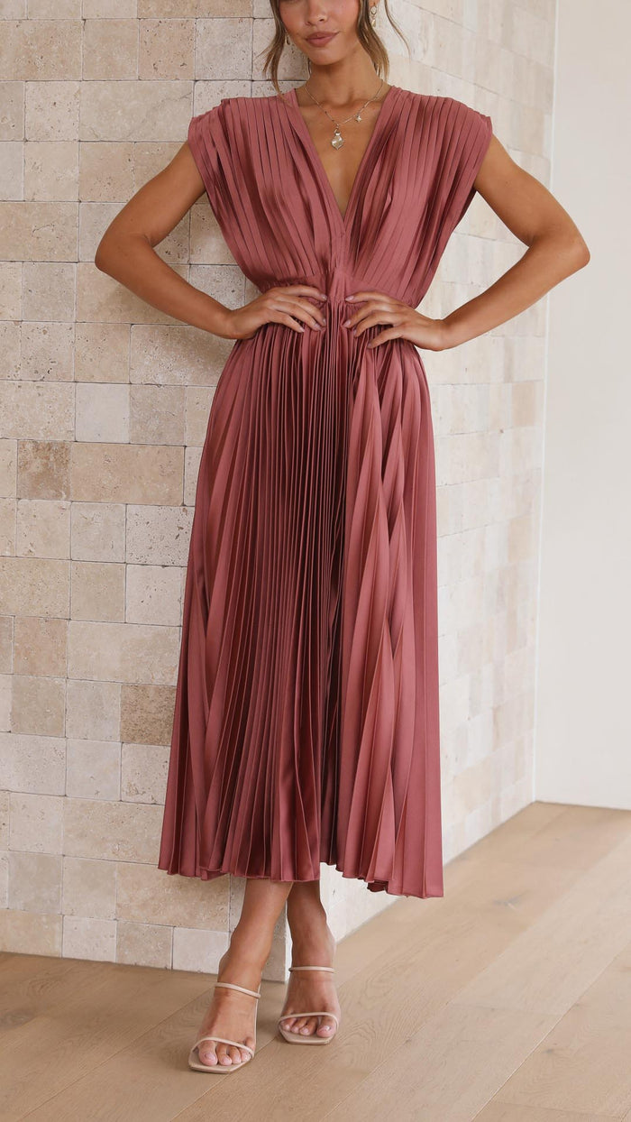 Women's Pleated V-Neck Cap Sleeve Defined Waist Midi Wedding Guest Dress