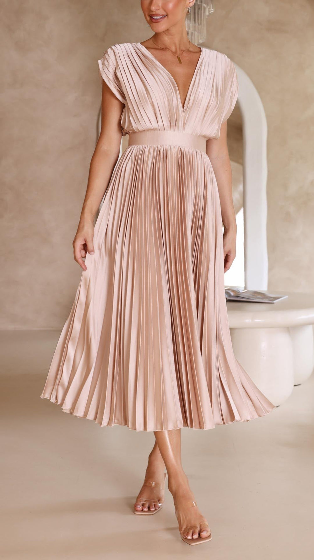 Women's Pleated V-Neck Cap Sleeve Defined Waist Midi Wedding Guest Dress side view