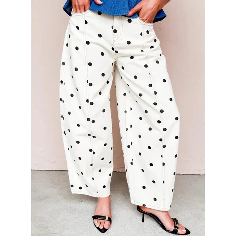 Women's Polka Dot Print High Waist Wide Leg Button Front Denim Jeans front view
