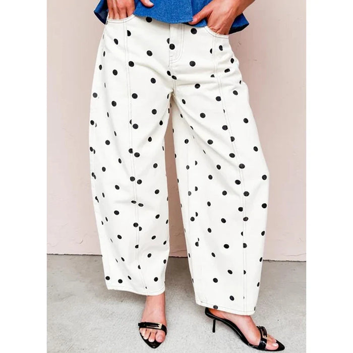 Women's Polka Dot Print High Waist Wide Leg Button Front Denim Jeans