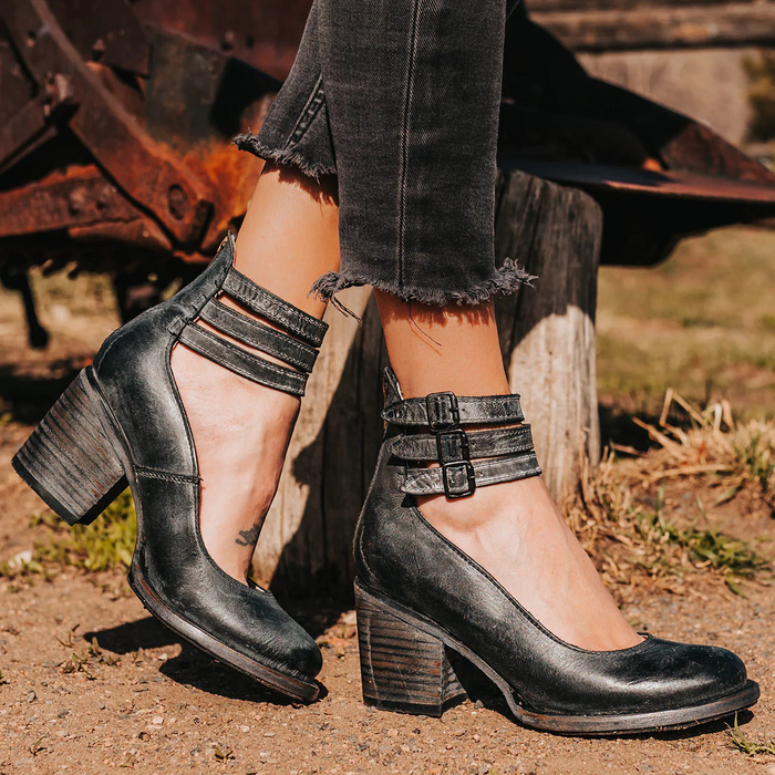 Women's Round Closed Toe Triple Strap Block Heel Side Zip Ankle Boots