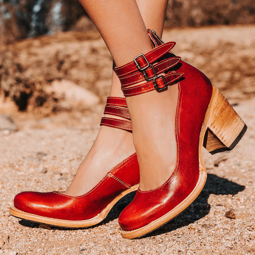 Women's Round Closed Toe Triple Strap Block Heel Side Zip Ankle Boots