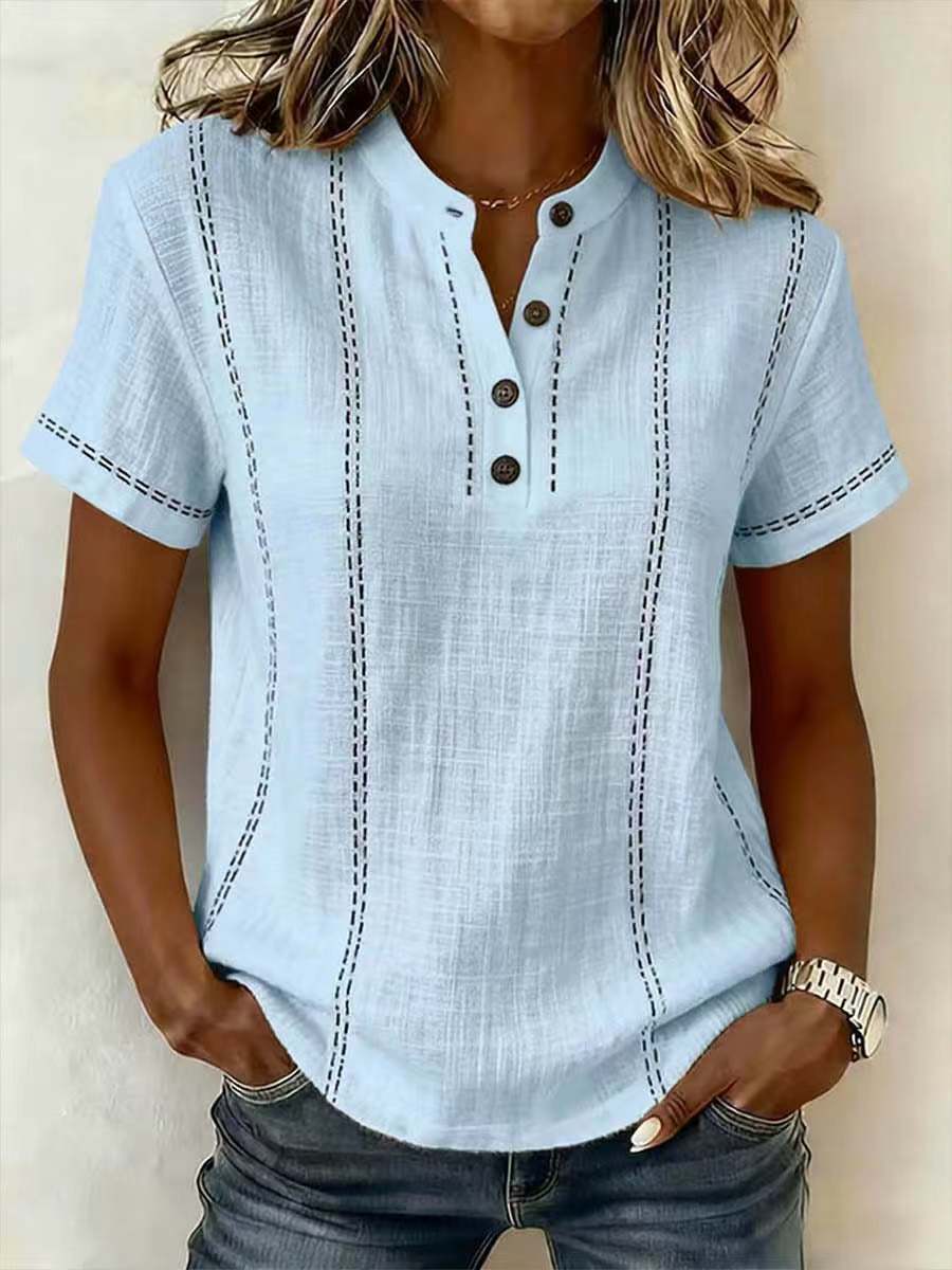 Women's Round Neck Button Placket Short Sleeve Curved Hem Shirt