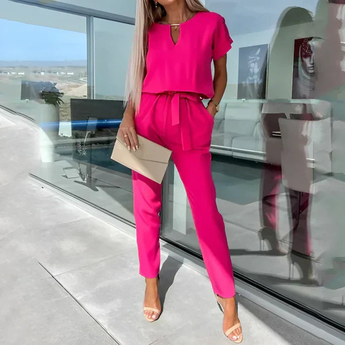 Women's Round Neck Keyhole Draped Sleeve Wide-Leg Tie Waist Jumpsuit