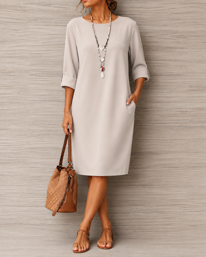 Women's Round Neck Roll Cuff 3/4 Sleeve Side Pocket Midi Dress