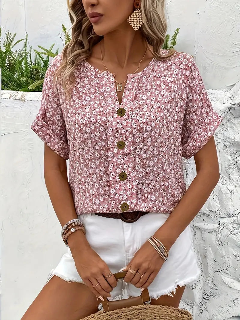 Women's Round Neck Short Sleeve Button Front Floral Print Blouse