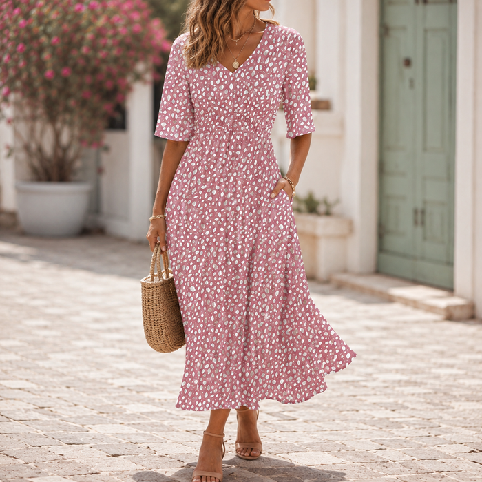 Women's Round Neck Short Sleeve Draped A-Line Pink Midi Dress