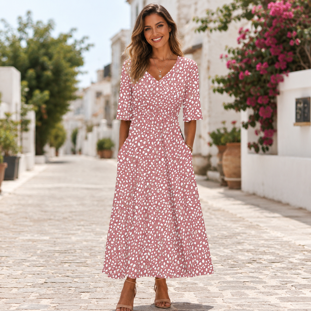 Women's Round Neck Short Sleeve Draped A-Line Pink Midi Dress styled view