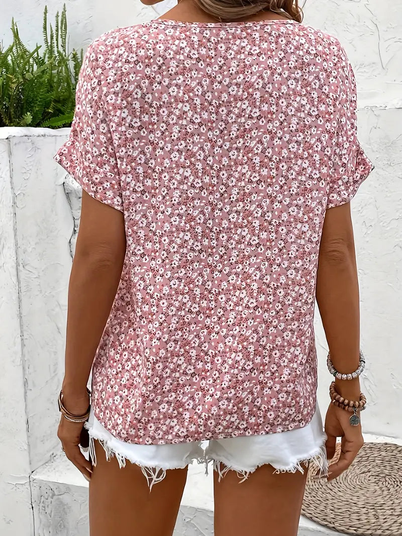 Women's Round Neck Short Sleeve Floral Print Flowy Blouse