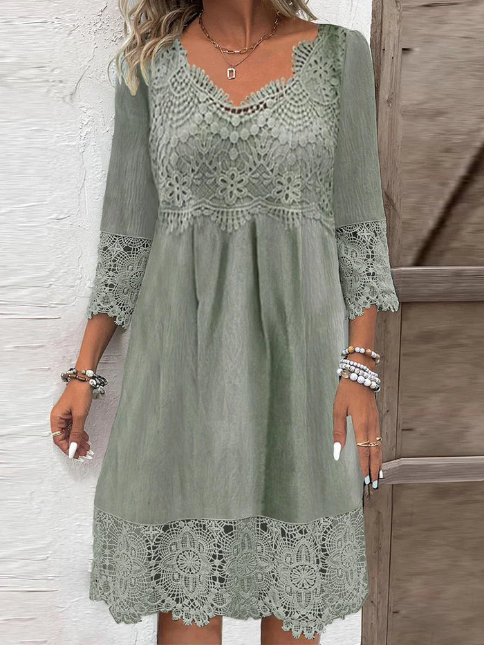 Women's Round Neck Short Sleeve Lace Overlay A-Line Midi Dress