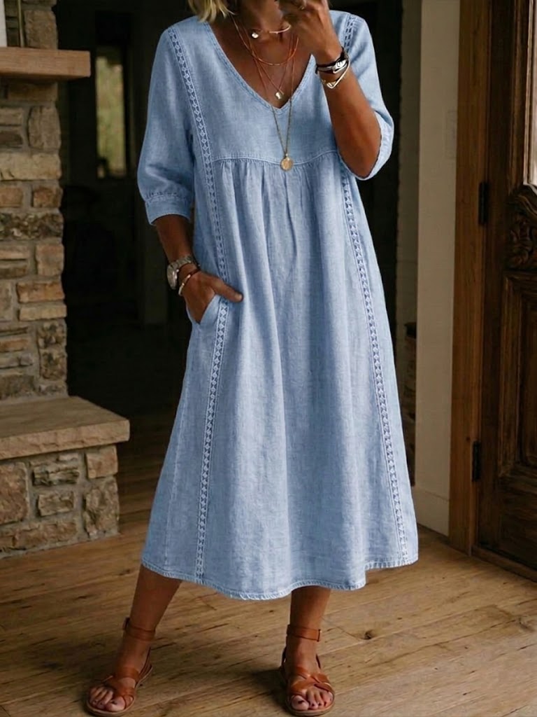 Women's Round Neck Short Sleeve Patchwork Pocket Midi Summer Dress front view