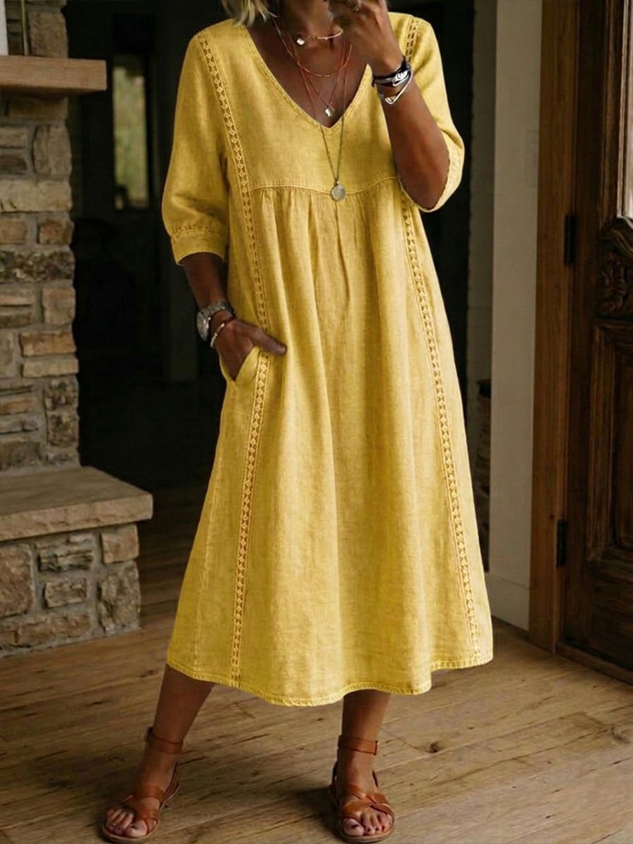 Women's Round Neck Short Sleeve Patchwork Pocket Midi Summer Dress side view