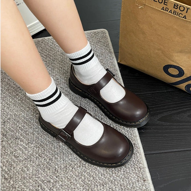 Women's Round Toe Buckle Strap Raised Sole Block Heel Mary Jane Shoes