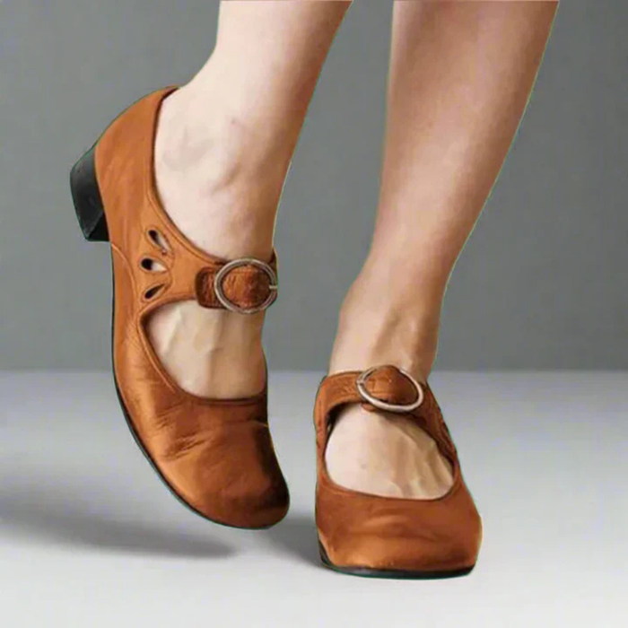 Women's Round Toe Cutout Buckle Strap Low Block Mary Jane Shoes