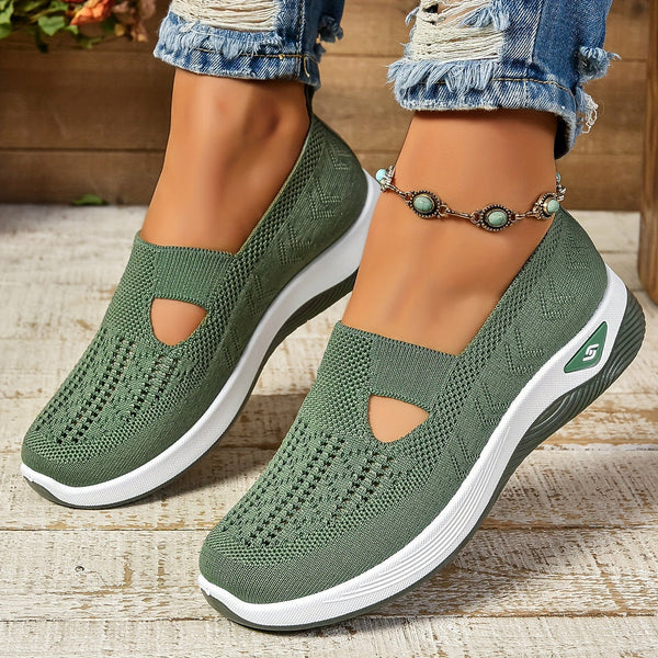 Women's Round Toe Knit Perforated Cut-Out Flat Slip-On Shoes