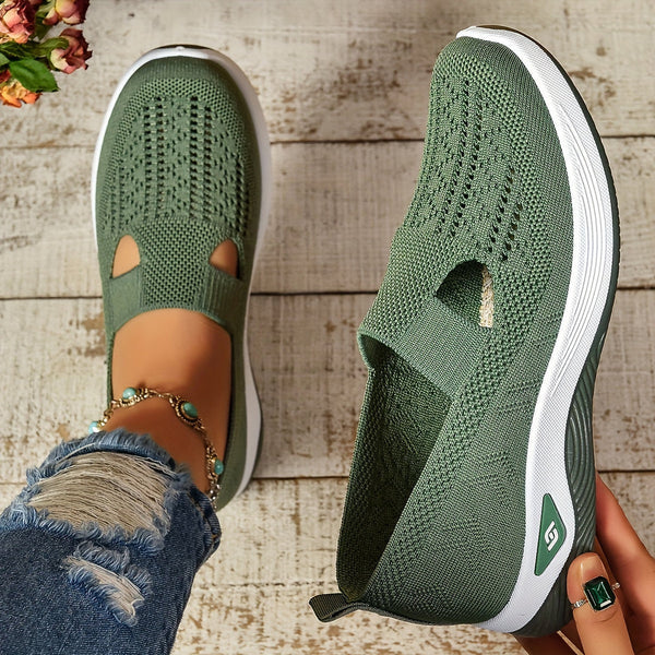 Women's Round Toe Knit Perforated Cut-Out Flat Slip-On Shoes top view