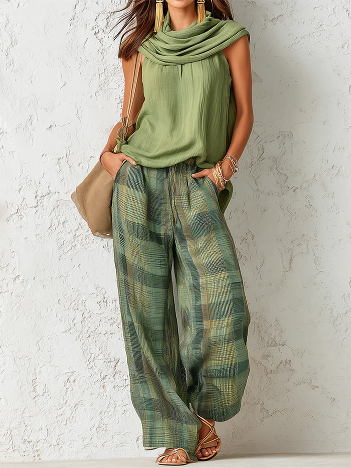 Women's Sleeveless Checked Wide-Leg Pant Relaxed Two Piece Set