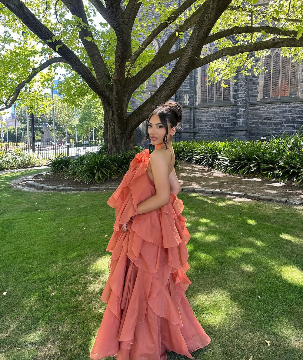 Women's Sleeveless Ruffle Layered Floral Trim Maxi Wedding Guest Dress side view
