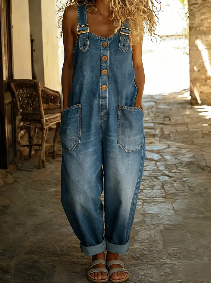 Women's Square Neck Buckle Strap Button Front Patch Pocket Denim Overall