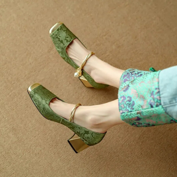 Women's Square Toe Contrast Cap Floral Block Heel Mary Jane Shoes