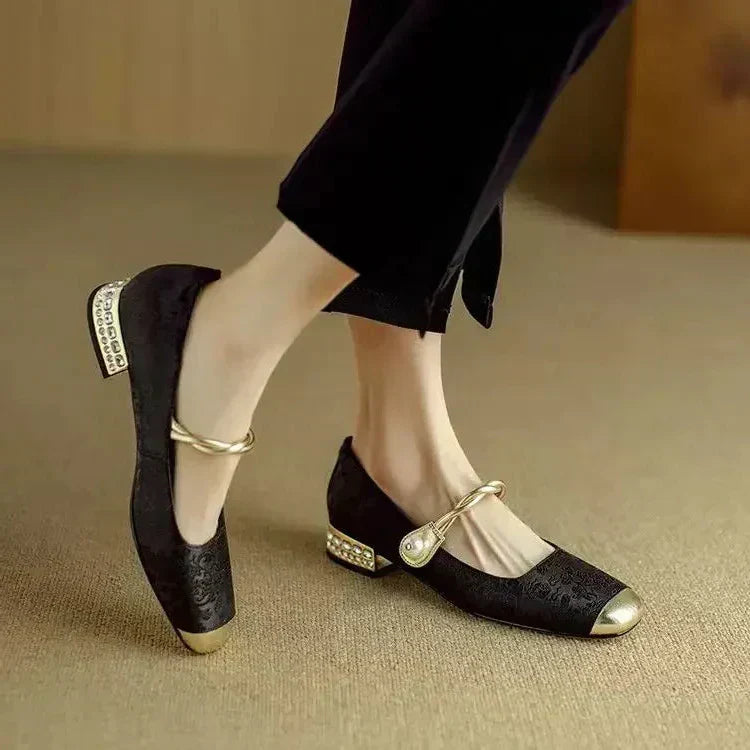 Women's Square Toe Contrast Cap Floral Block Heel Mary Jane Shoes side view