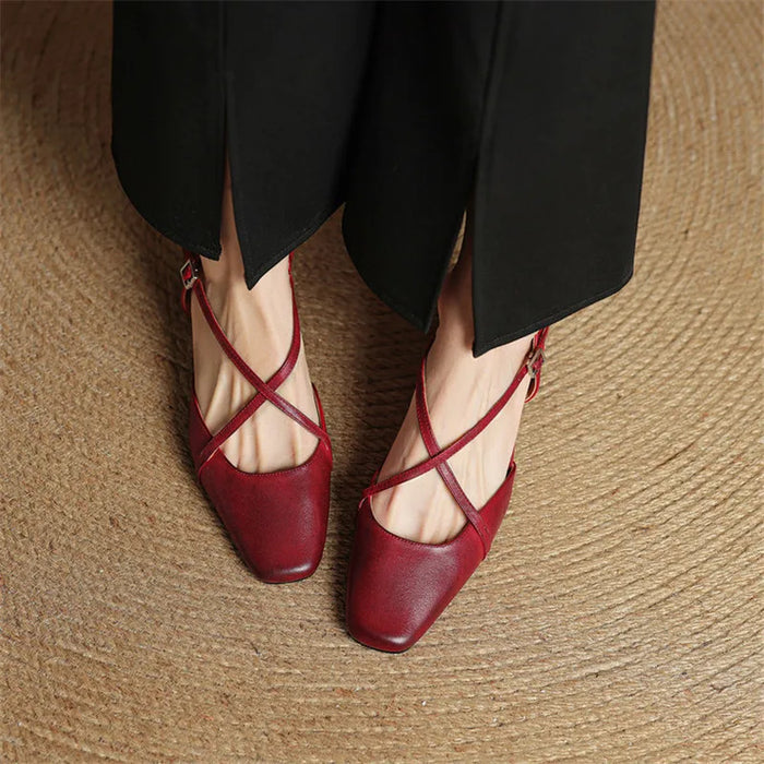 Women's Square Toe Cross Strap Cut-Out Slingback Block Heel Pumps