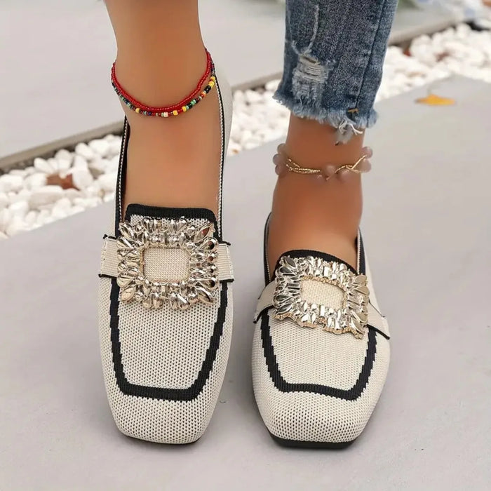 Women's Square Toe Knit Buckle Slip On Flat Loafers