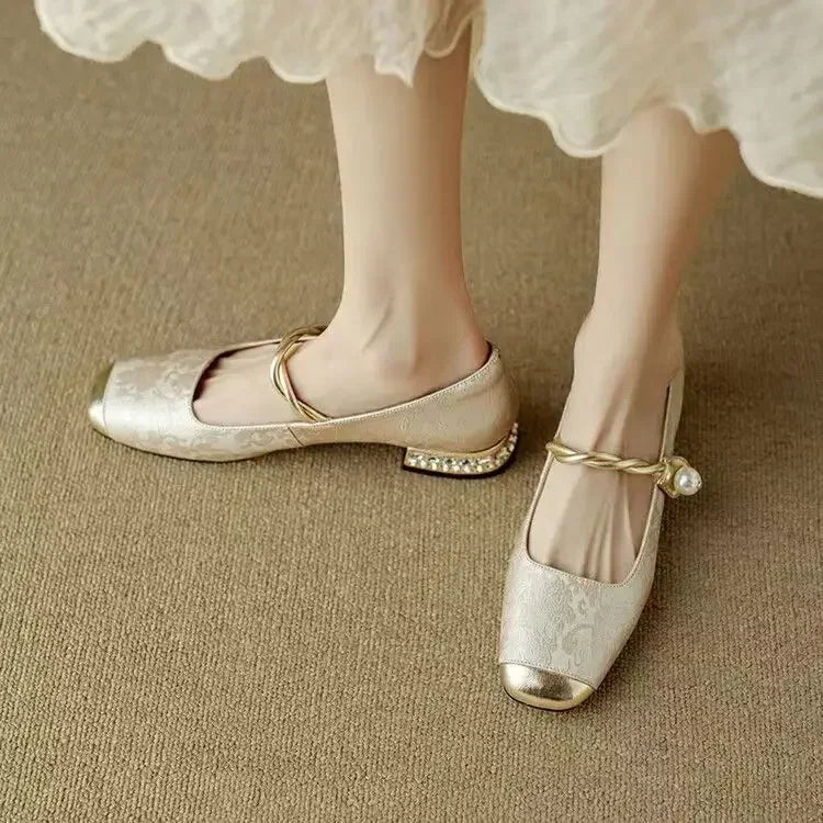Women's Square Toe Twisted Strap Pearl Block Heel Mary Jane Shoes
