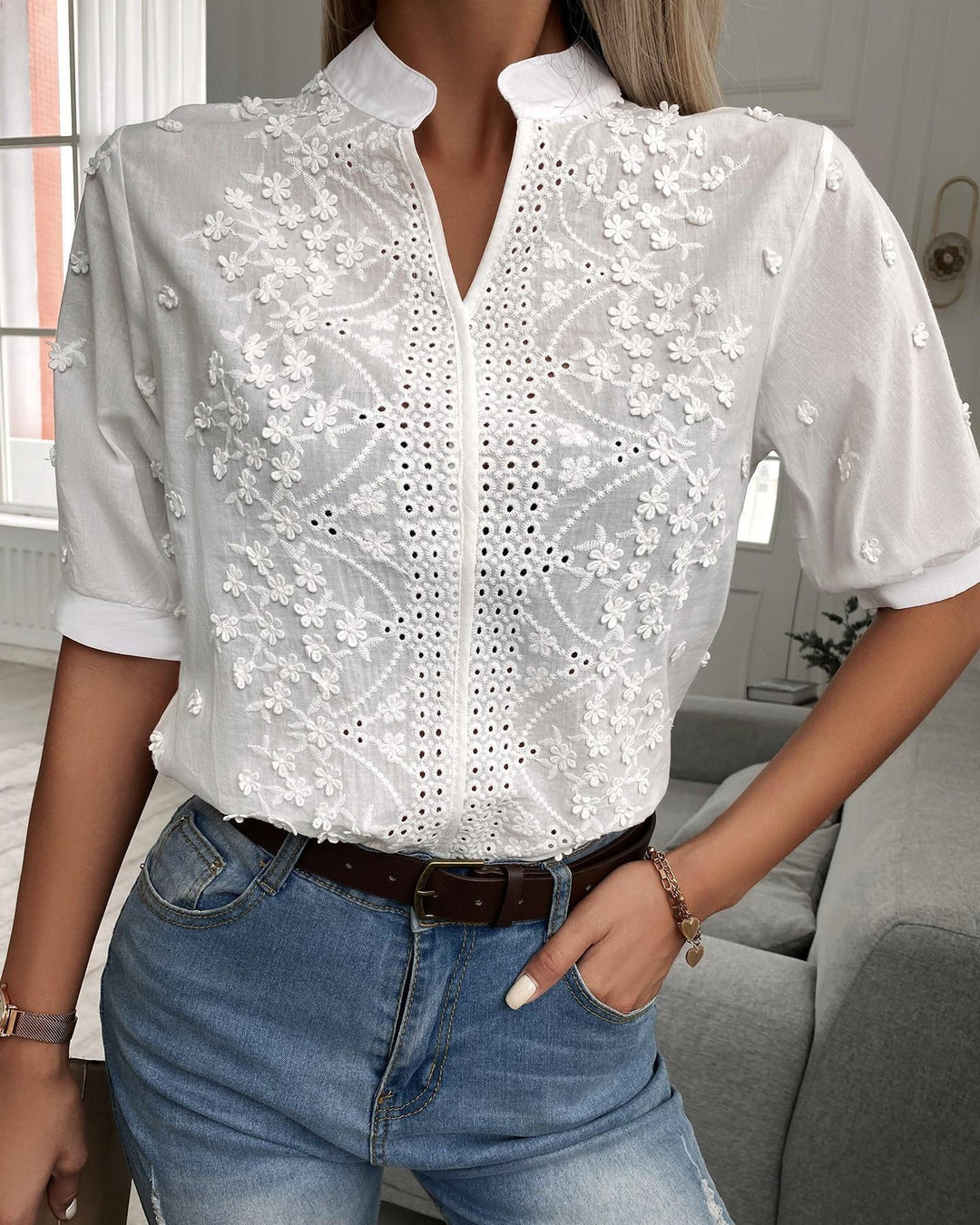 Women's Stand Collar Floral Eyelet Puff Sleeve Embroidered Blouse front view