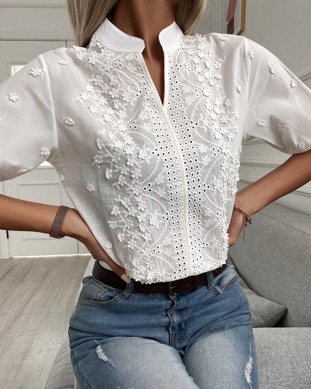 Women's Stand Collar Floral Eyelet Puff Sleeve Embroidered Blouse detail of embroidery