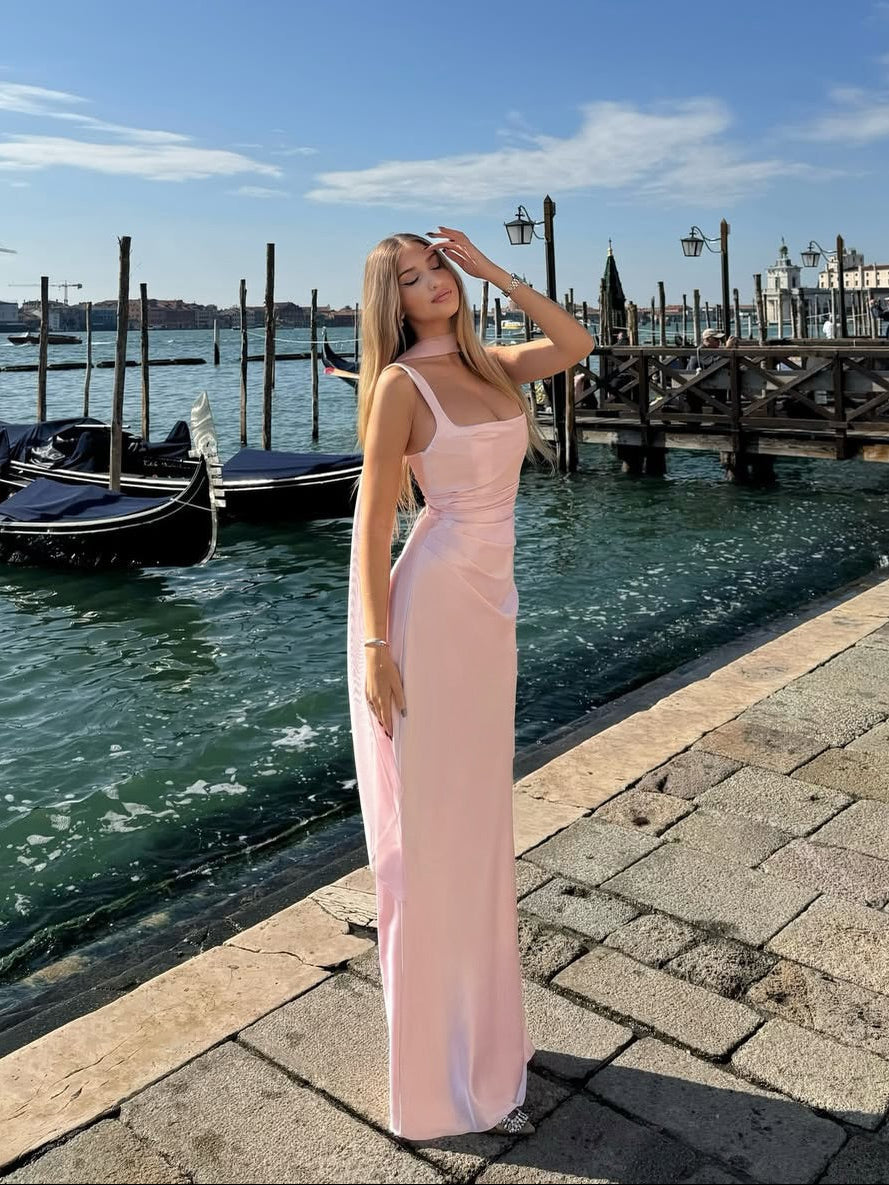 Women's Straight Neck Wide Strap Lace-Up Back Floor Length Maxi Wedding Guest Dress back lace-up detail