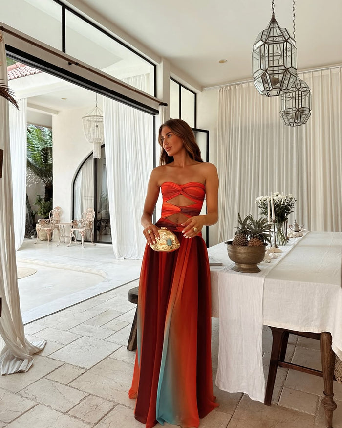 Women's Strapless A-Line Cut-Out Flowing Maxi Wedding Guest Dress