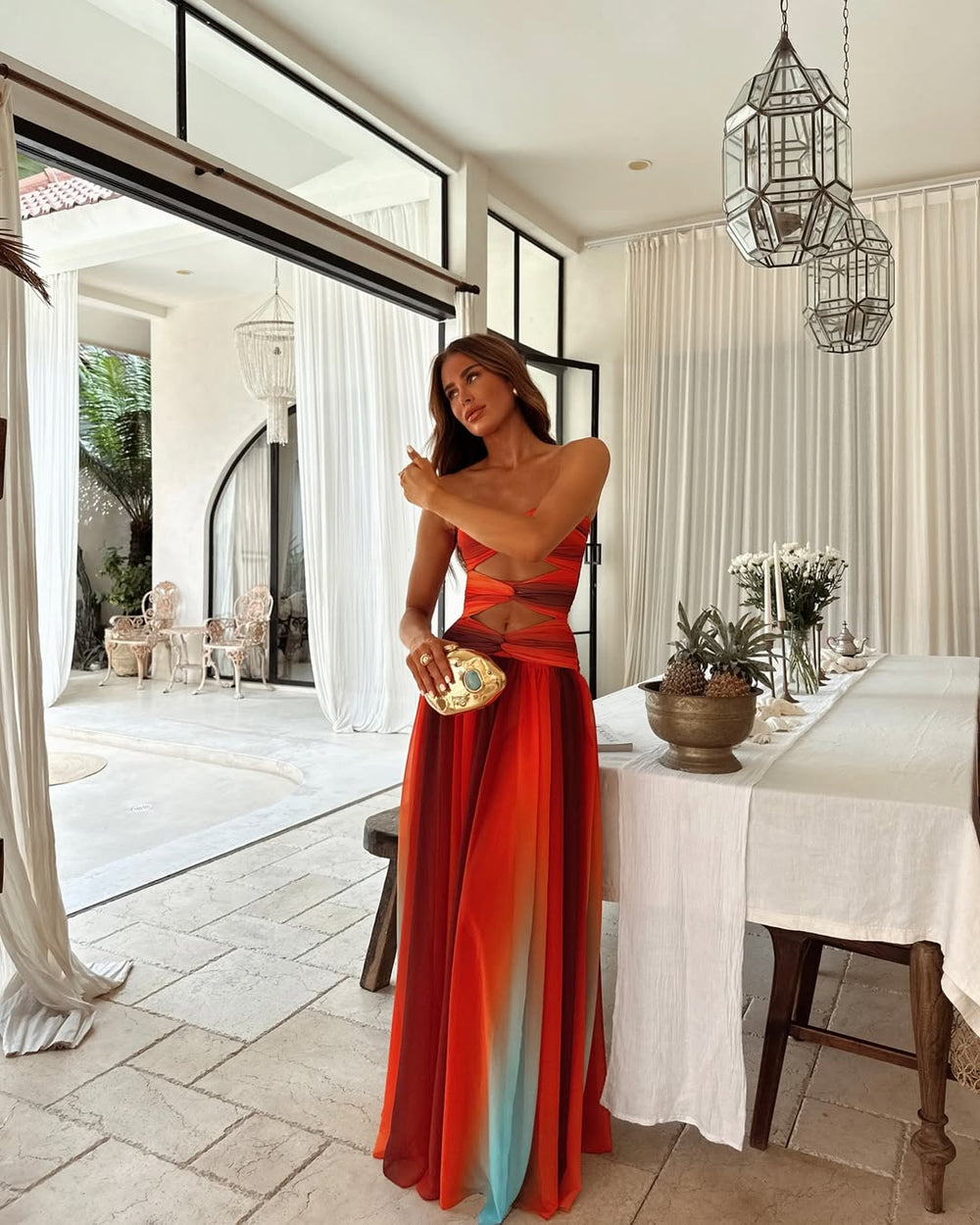 Women's Strapless A-Line Cut-Out Flowing Maxi Wedding Guest Dress side view