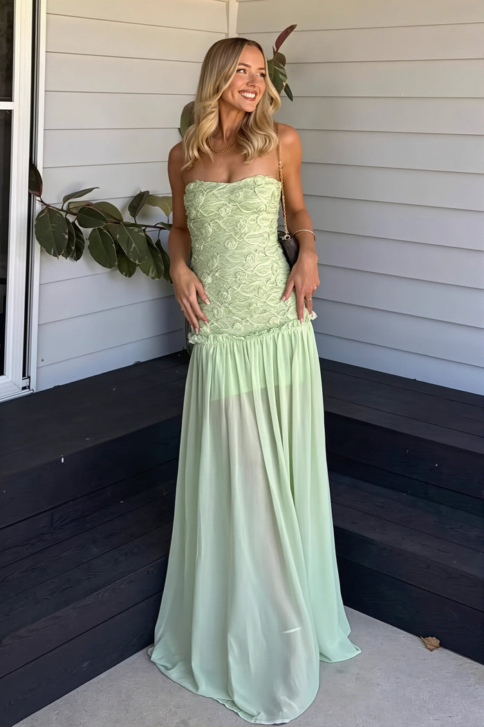 Women's Strapless Floral Textured Bodice Chiffon Maxi Wedding Guest Dress
