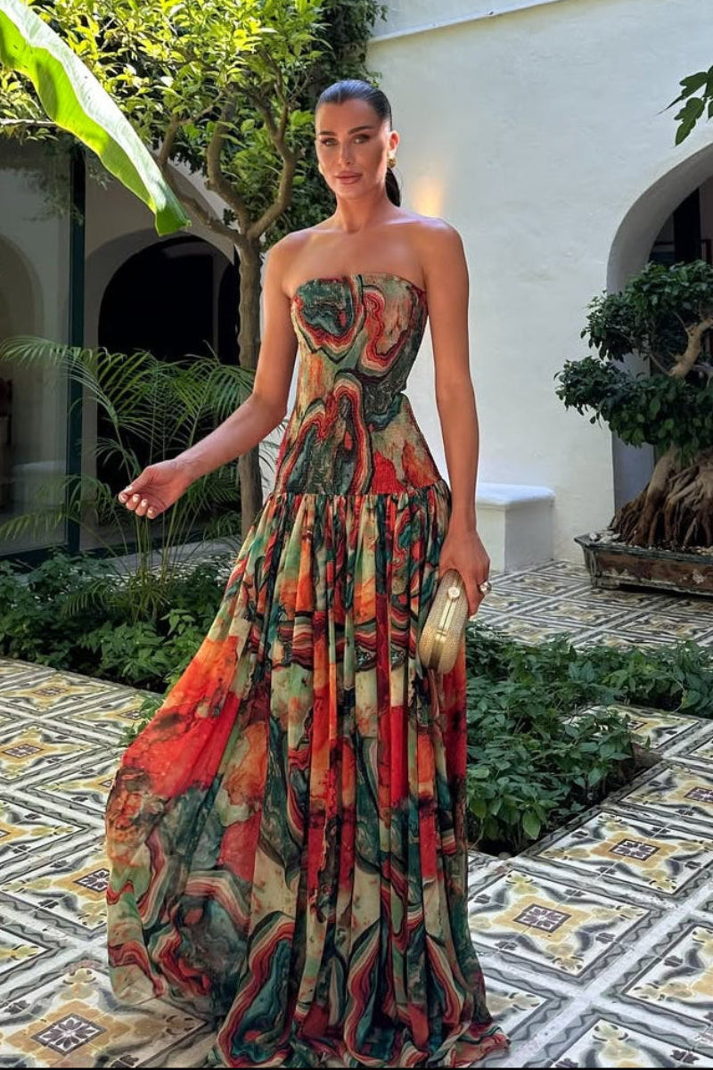 Women's Strapless Ruched Bodice Abstract Print Maxi Wedding Guest Dress front view