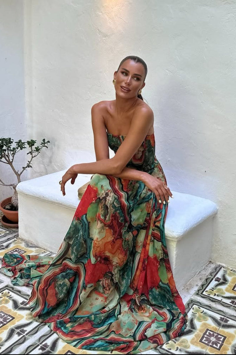 Women's Strapless Ruched Bodice Abstract Print Maxi Wedding Guest Dress side view