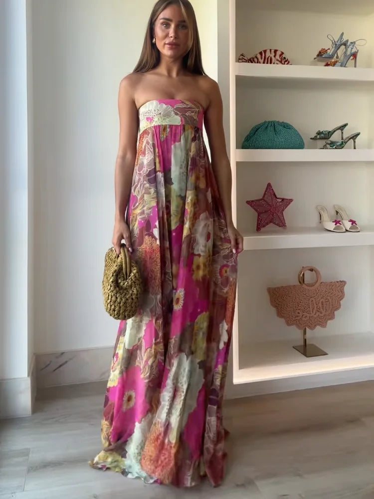 Women's Strapless Straight Neck Empire Waist Floral Maxi Wedding Guest Dress side view