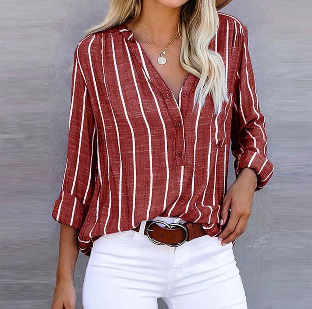Women's Striped V-Neck Band Collar Long Sleeve Button Front Blouse front view