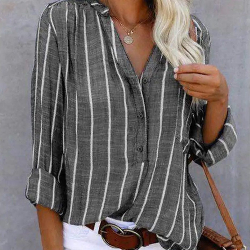 Women's Striped V-Neck Band Collar Long Sleeve Button Front Blouse back view